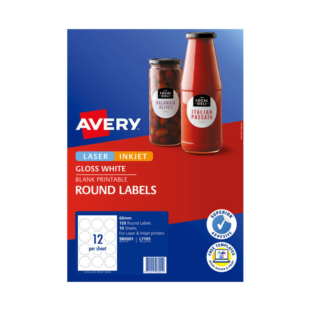 Avery Round Étiquettes 60 mm 12up 10pk