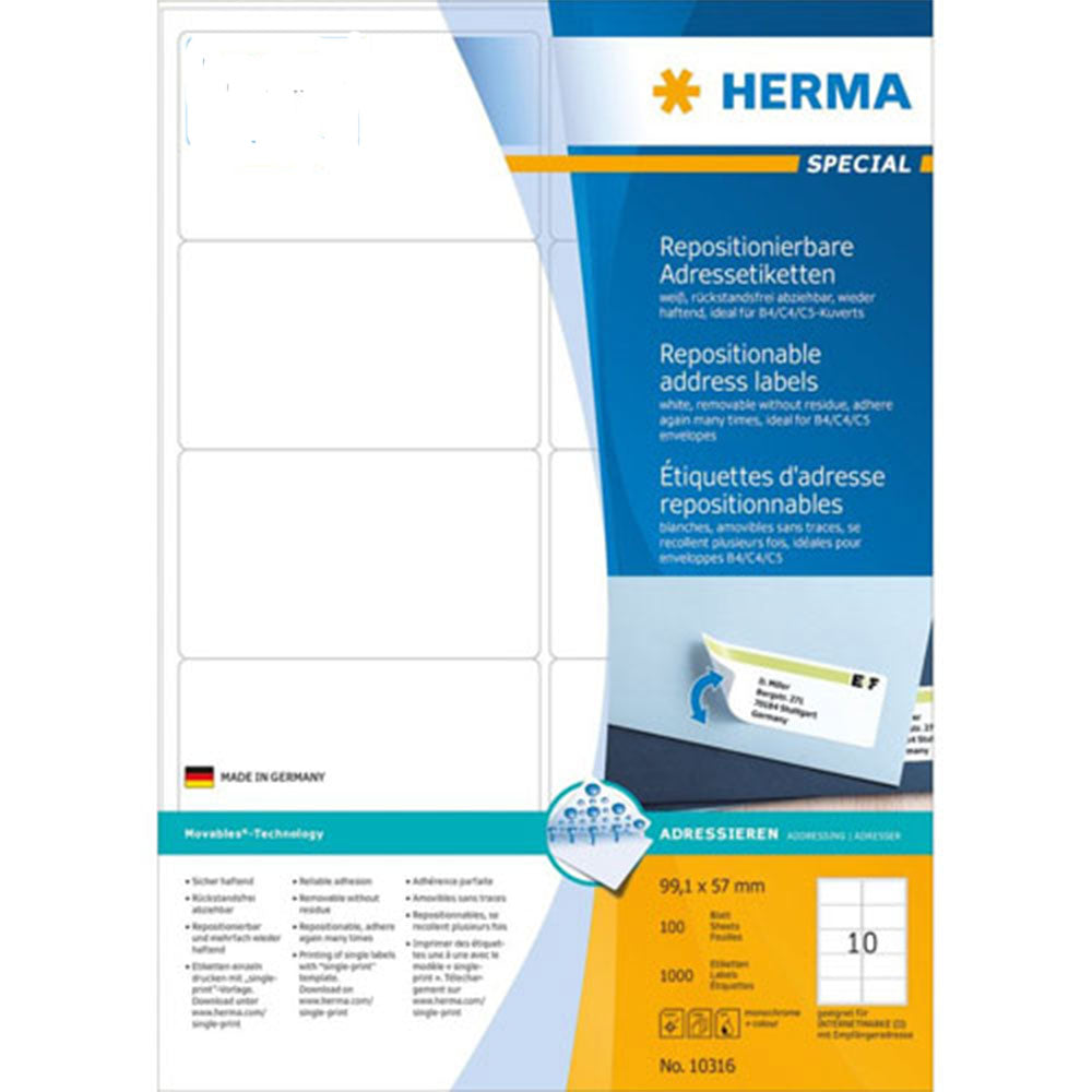 Herma -klæbende adresseetiketter A4 100pc (hvid)