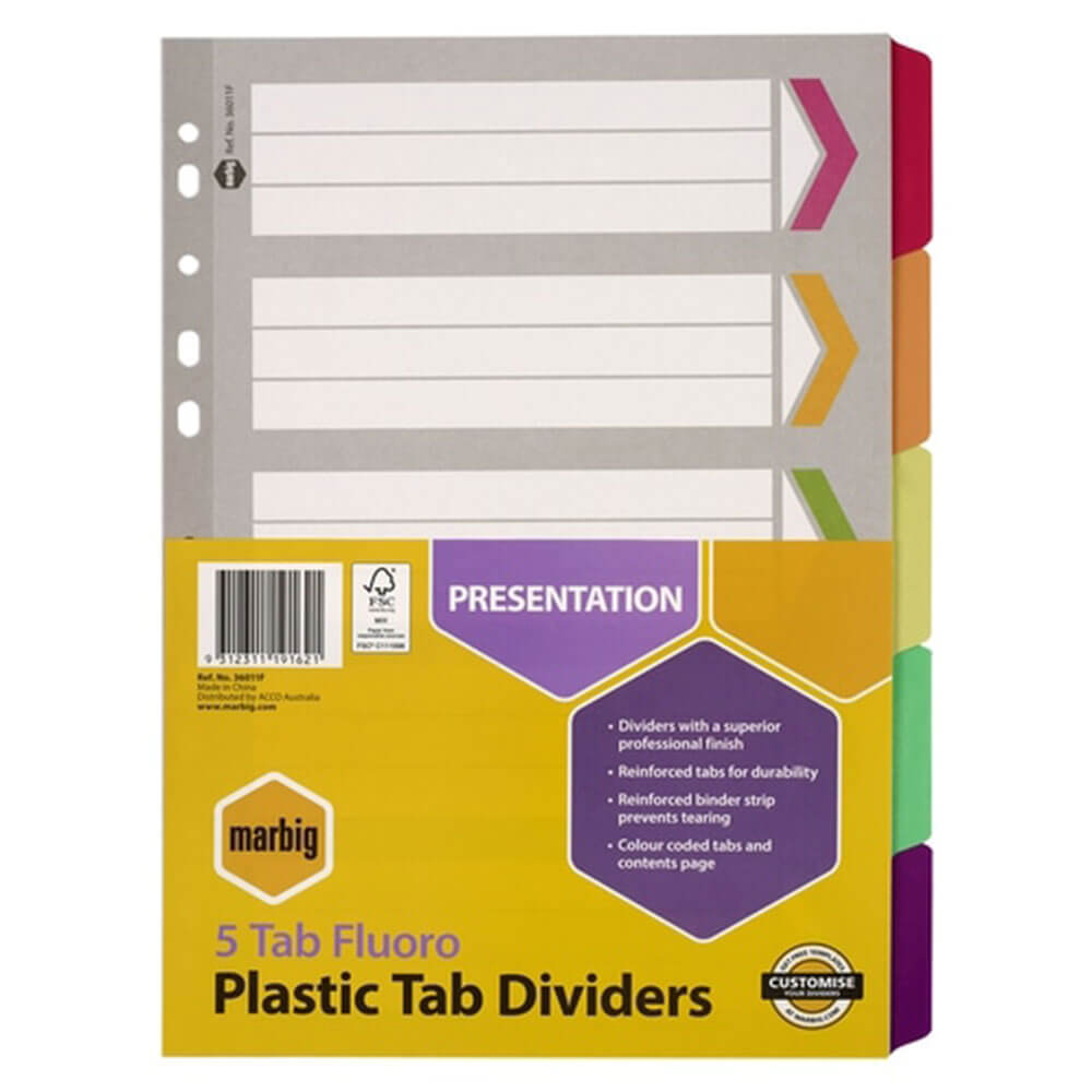 Marbig Manilla Plastic Tab Dividers A4（Fluoro）