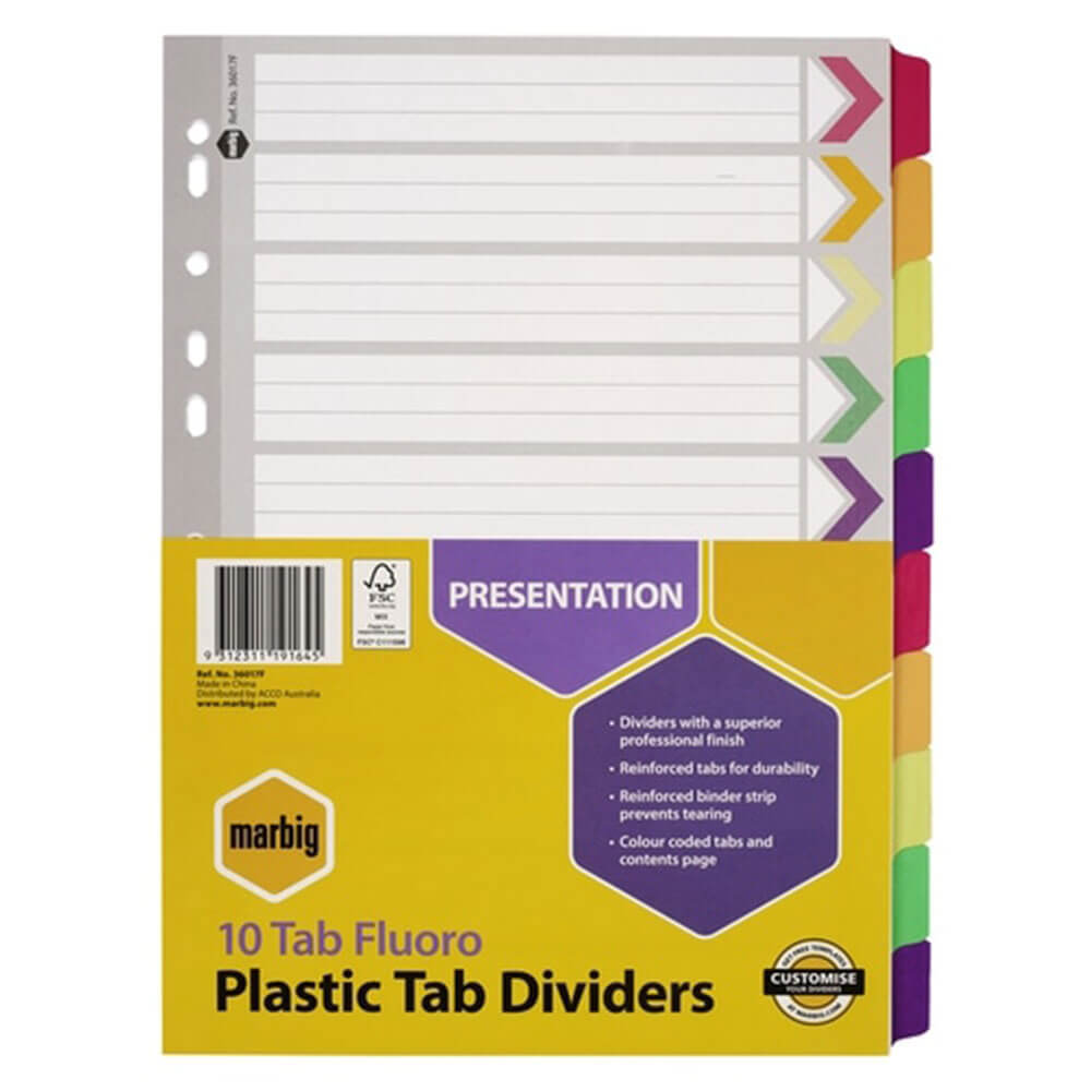 Marbig Manilla Plastic Tab Dividers A4（Fluoro）