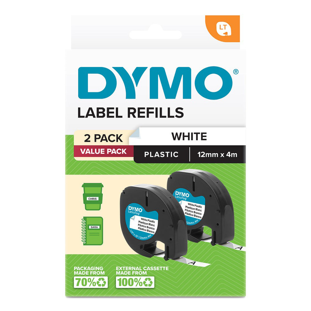 Dymo Letratag Plastic Label Tape 12x4mm (pakke med 2)