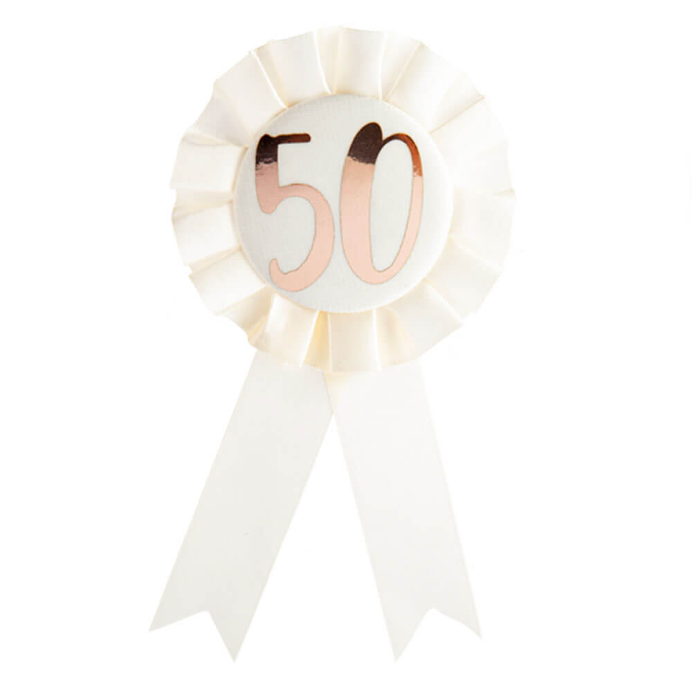 Birthday Rose Gold on White Rosette Badge