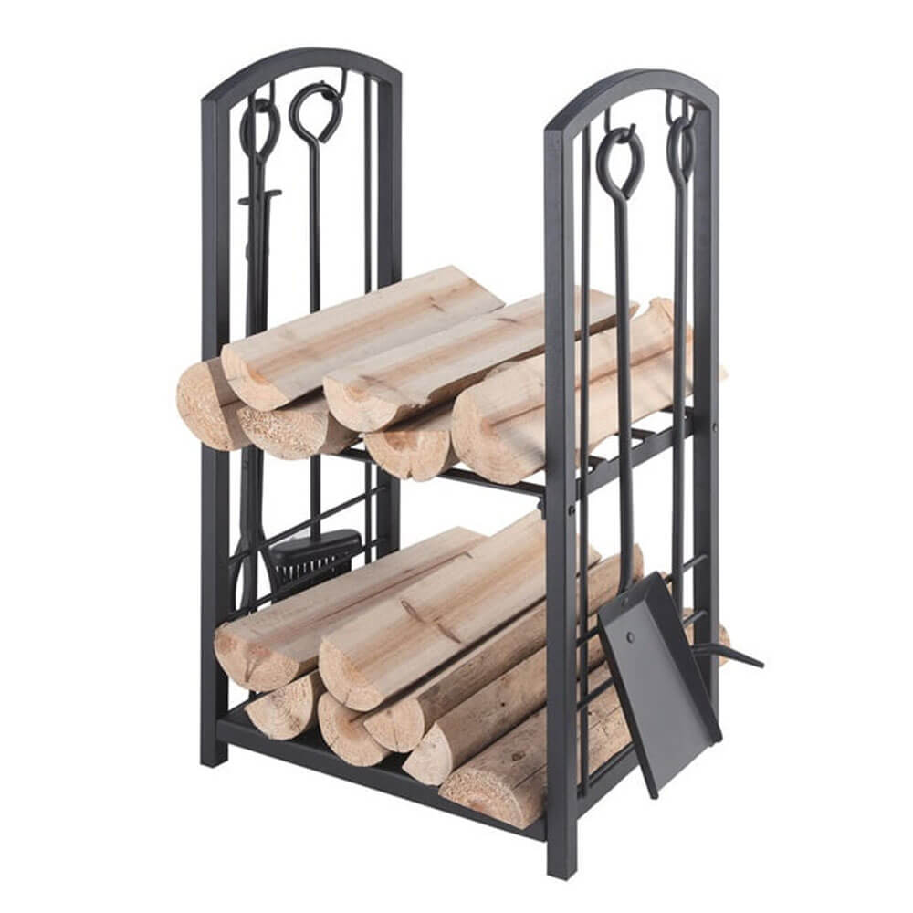 FireUp 2 Tier Steel Wood Rack w/ 4pc Firetools (Blk 73cm H)