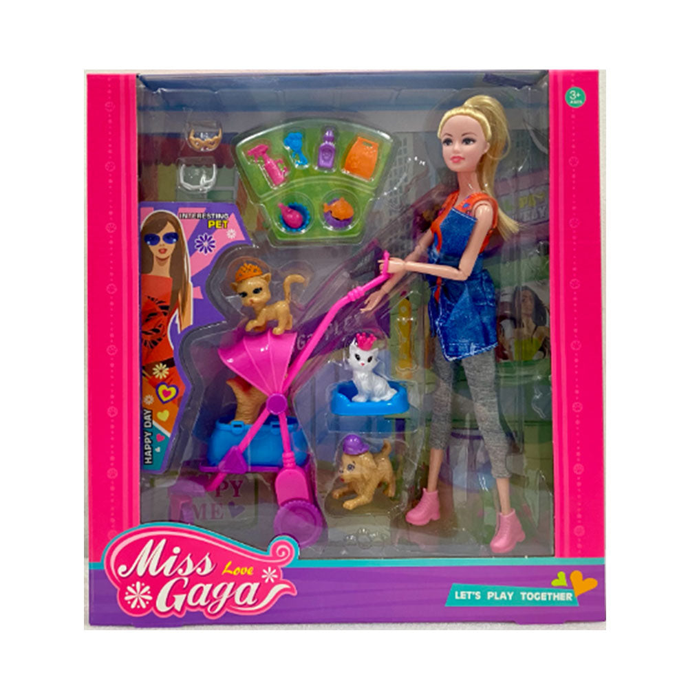 Miss Gaga Doll Set com animais de estimação e acessórios