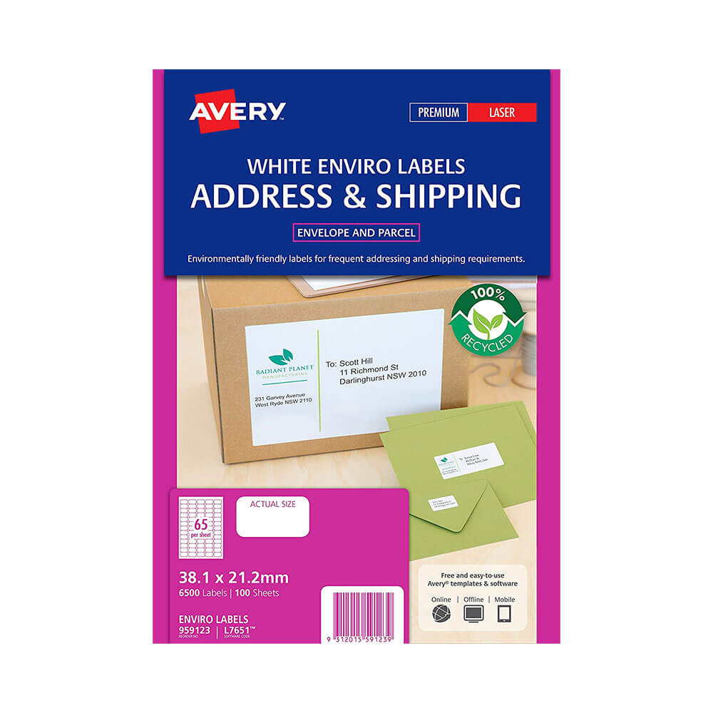 Avery Enviro 100% resirkulerte etiketter White (100pk)