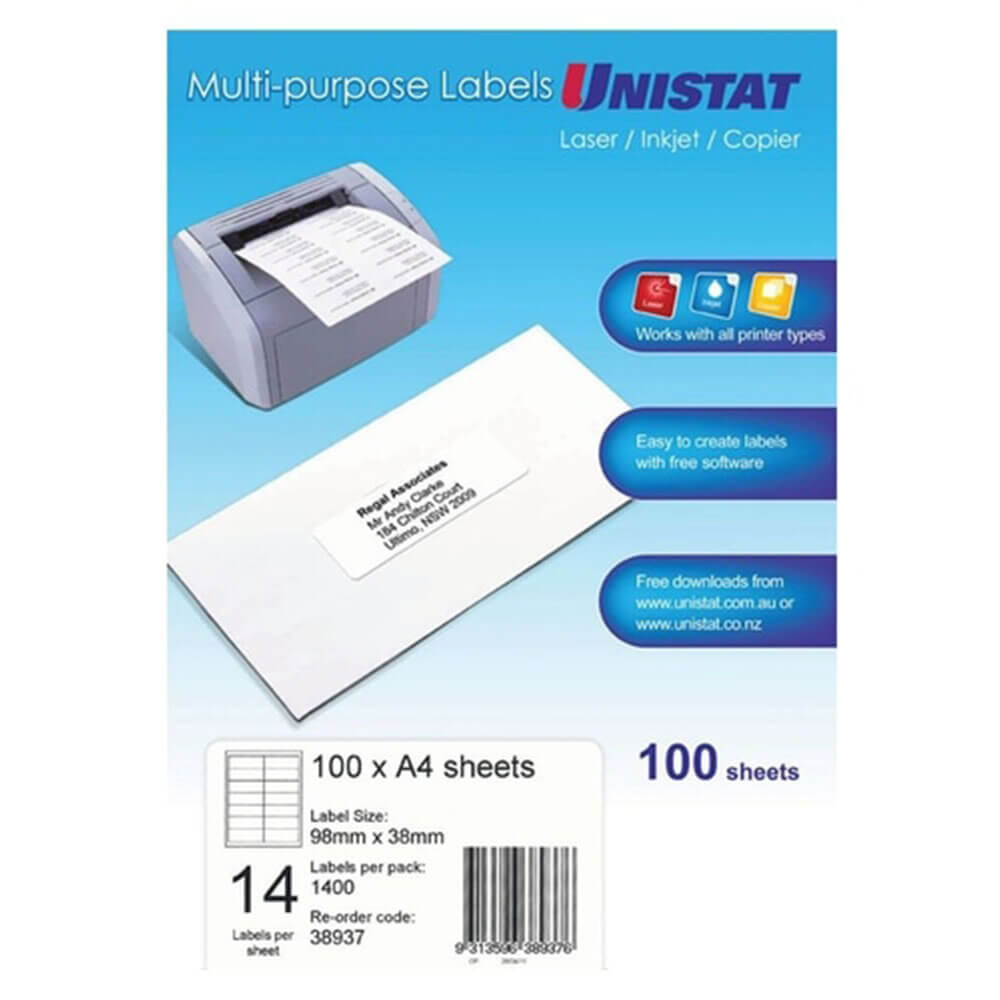 Unistat laser/inkjet/kopieerapparaat label 100 pk