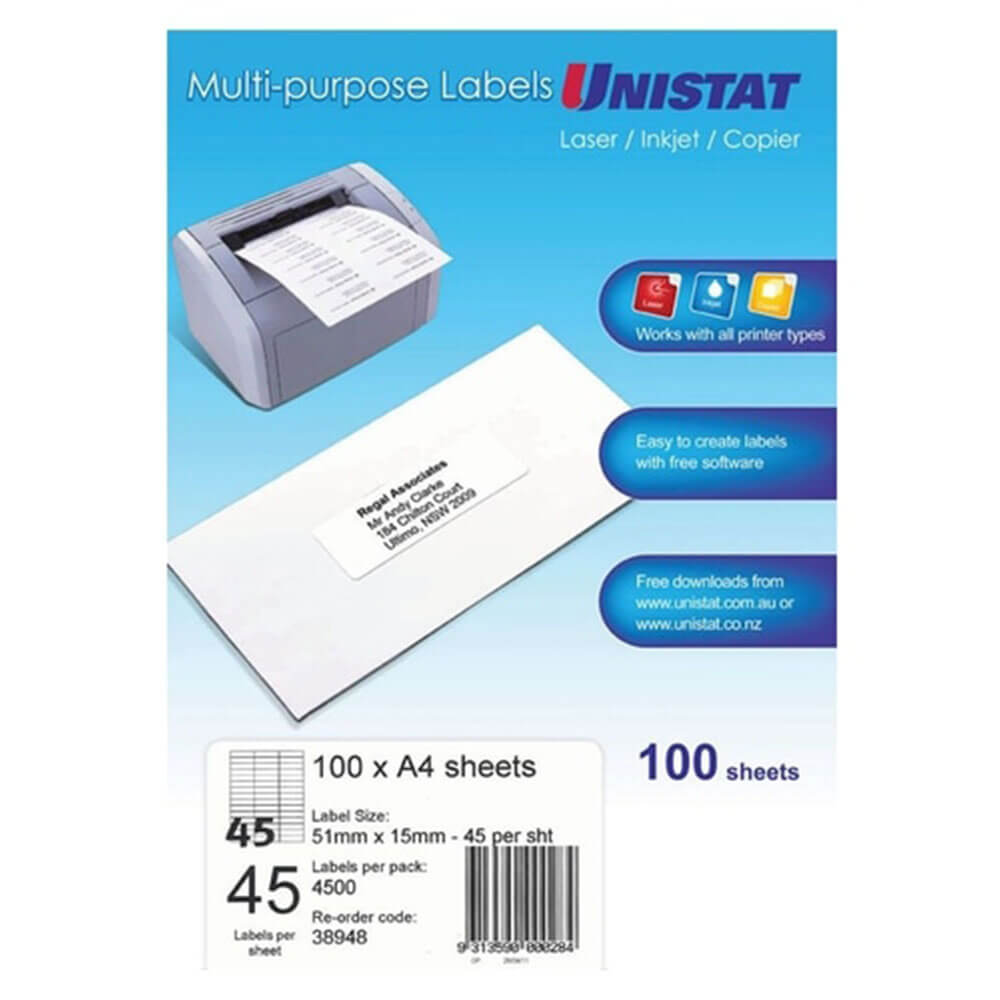 Unistat láser/inyección de tinta/etiqueta de copiadores 100pk