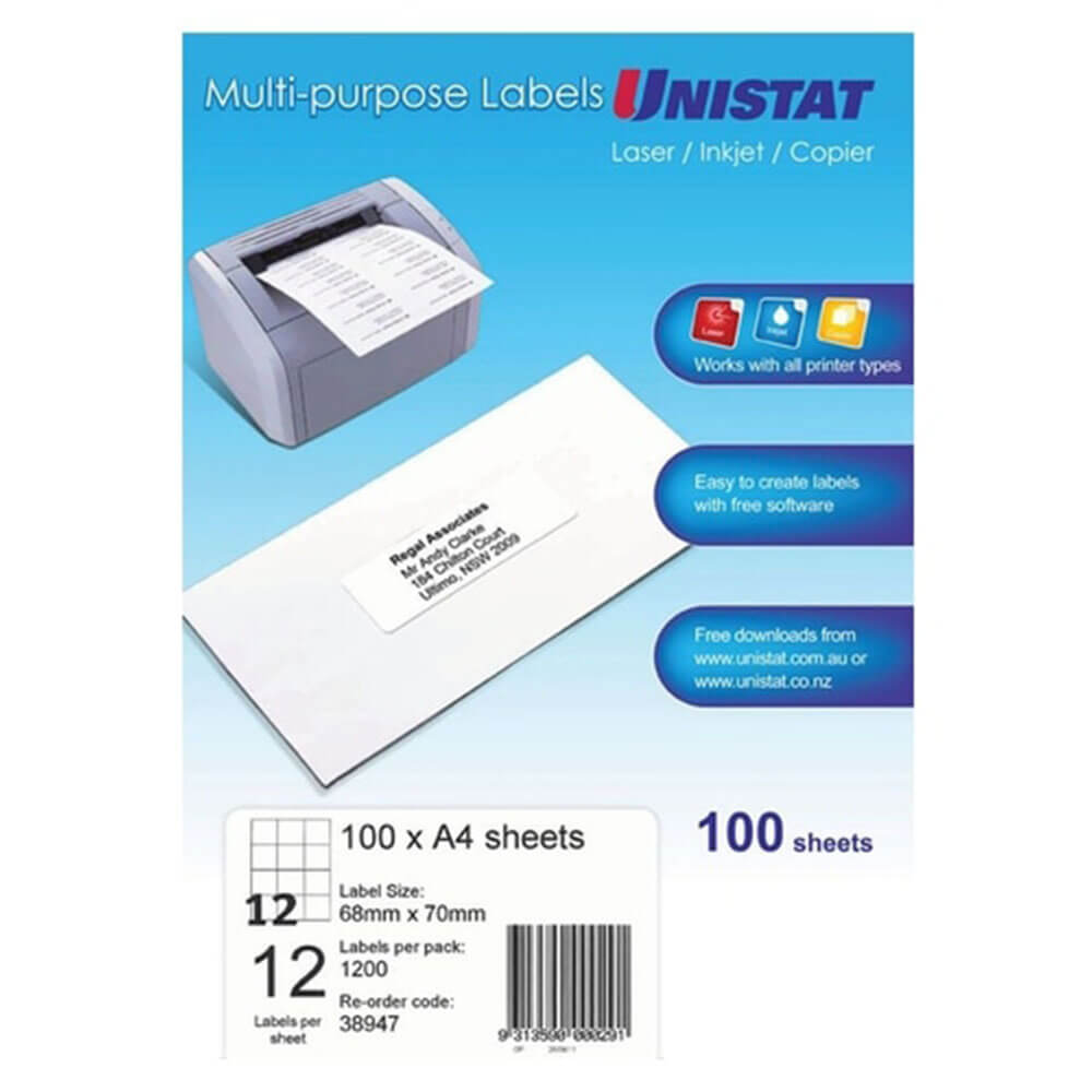 Unistat láser/inyección de tinta/etiqueta de copiadores 100pk