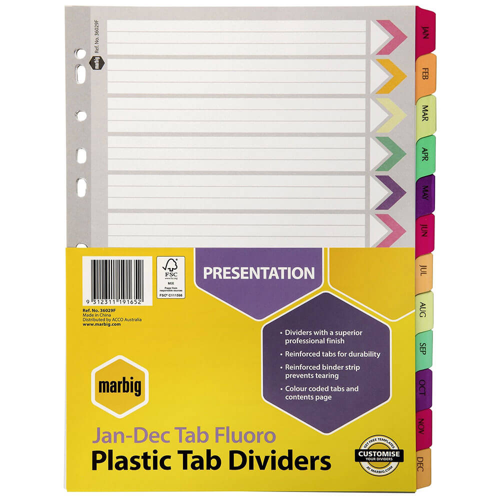 Marbig Jan-Dec Manilla Plastic Tab Dividers（A4）