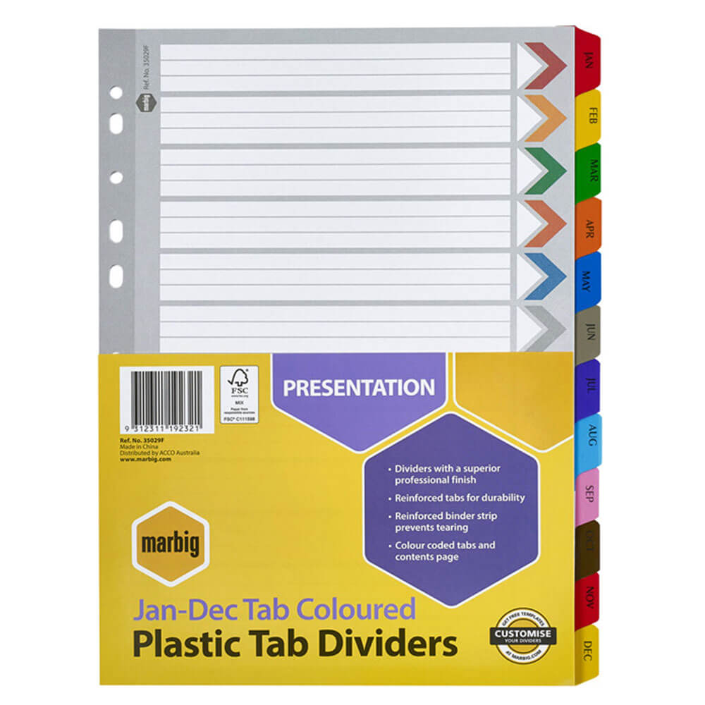 Marbig Jan-Dec Manilla Plastic Tab Dividers（A4）